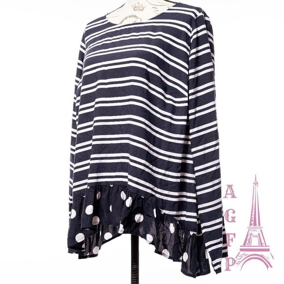 Crown Ivy striped Navy blouse top size 0X ruffle polka dot preppy  💖2/$30 - Picture 11 of 14